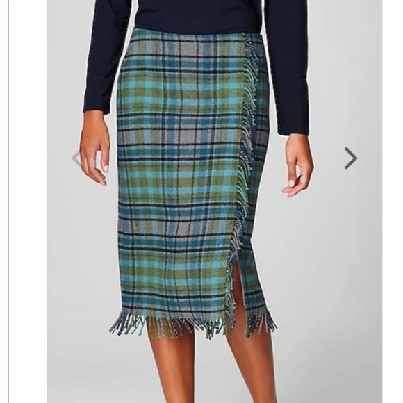 NWT J. Jill Green Blue Wool Plaid Fringe Skirt 8 - Picture 12 of 12